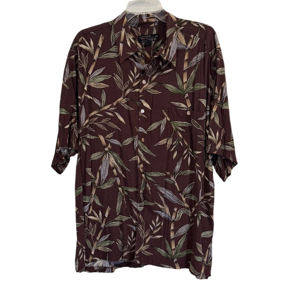 Vintage Tori Richard Mens XL Bamboo Print Hawaiian Shirt Burgundy Made in Hawaii